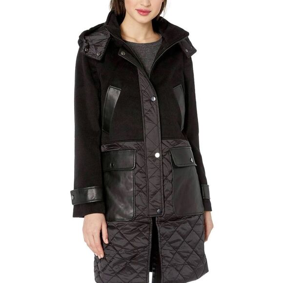 Badgley Mischka Women's Black Wool Leather Puffer Coat sz L - Picture 1 of 14